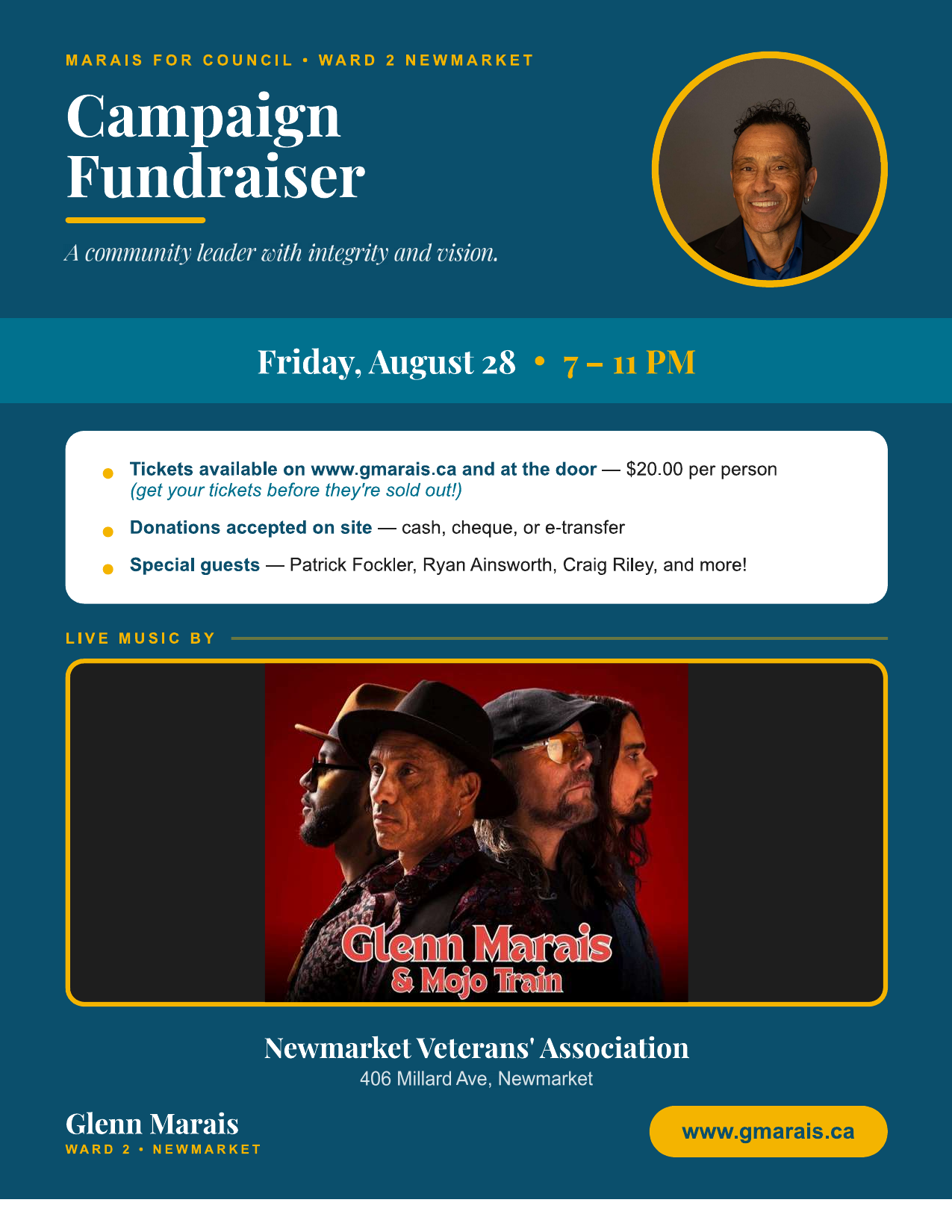 Campaign Fundraiser poster for Glenn Marais, Friday August 28 from 7 to 11 p.m. at the Newmarket Veterans' Association